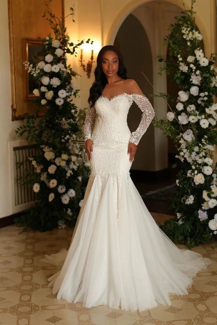 Elegant Long Ivory Mermaid Long Sleeves Lace Tulle Wedding Dress (ZD15660) - VelvetHem