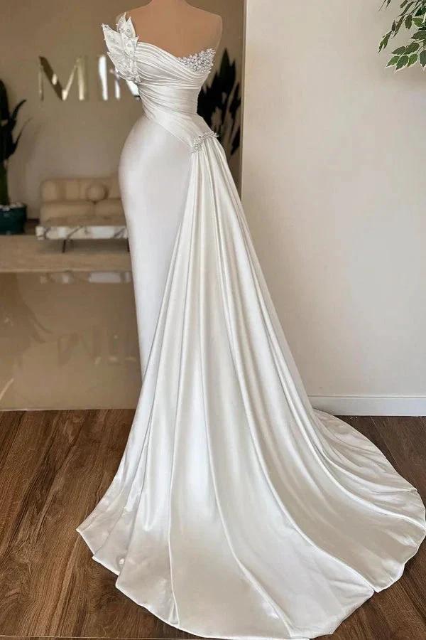 Elegant Long Ivory Strapless Satin Pleated Wedding Dress with Pearls (ZD16682) - VelvetHem