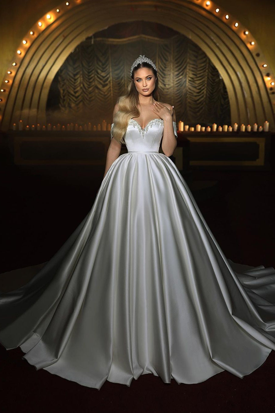 Sophisticated Long Ivory Sweetheart Off-The-Shoulder A-Line Sleeveless Wedding Dress (ZD17415) - VelvetHem