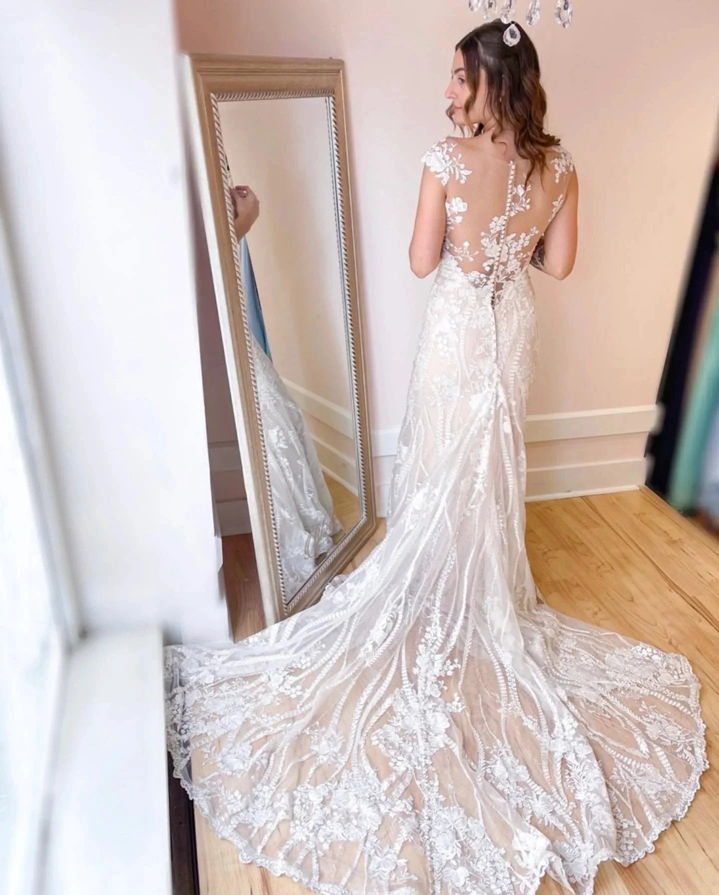 Elegant Long Mermaid Bateau Appliques Lace Backless Wedding Dress (ZD14288)
