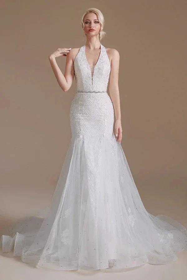 Elegant Long Mermaid Halter Tulle Floor-Length Wedding Dress with Appliques Lace (ZD14348)