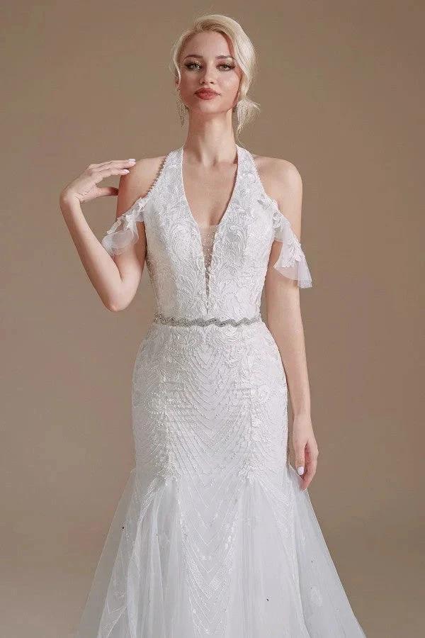 Elegant Long Mermaid Halter Tulle Floor-Length Wedding Dress with Appliques Lace (ZD14348)