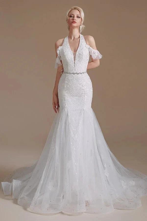 Elegant Long Mermaid Halter Tulle Floor-Length Wedding Dress with Appliques Lace (ZD14348)