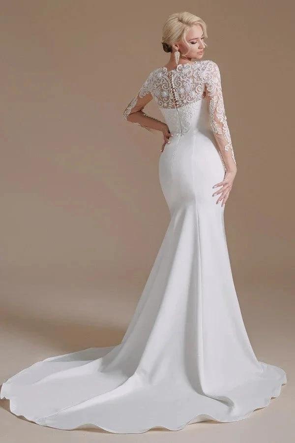 Elegant Long Mermaid Jewel Satin Lace Wedding Dress with Sleeves (ZD14350)