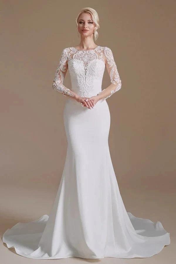 Elegant Long Mermaid Jewel Satin Lace Wedding Dress with Sleeves (ZD14350) - VelvetHem