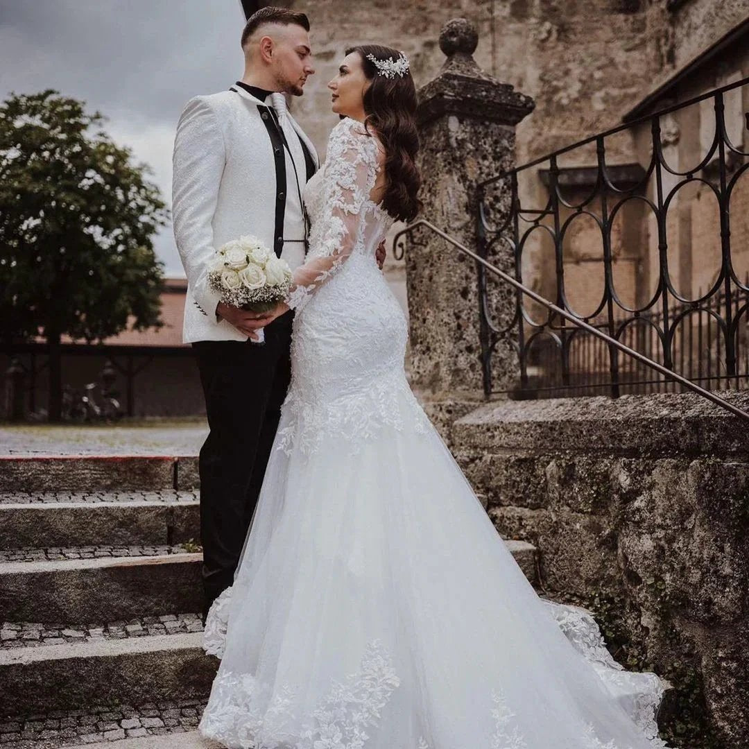 Elegant Long Mermaid Lace Open Back Wedding dresses with Sleeves (ZD15174)