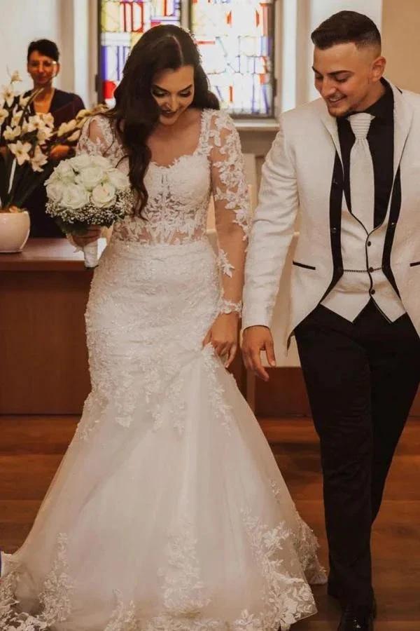 Elegant Long Mermaid Lace Open Back Wedding dresses with Sleeves (ZD15174) - VelvetHem