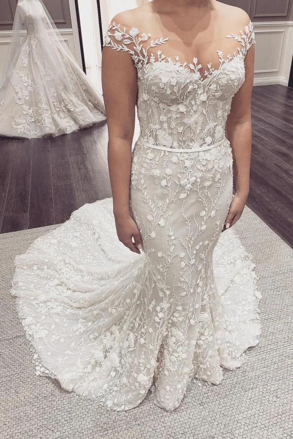 Elegant Long Mermaid Off-the-Shoulder Appliques Lace Backless Wedding Dress (ZD15049) - VelvetHem
