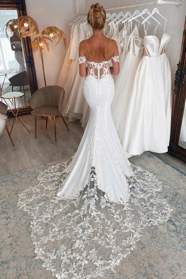 Elegant Long Mermaid Off-The-Shoulder Lace Wedding Dresses with Chapel Train (ZD16696)