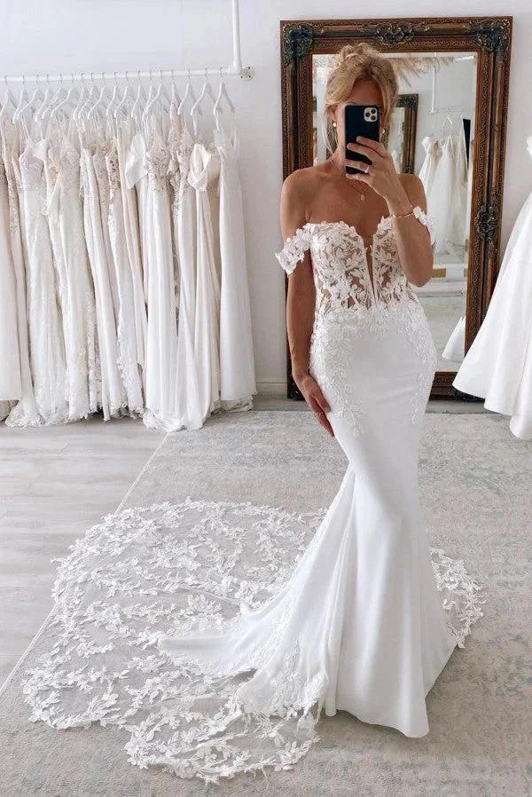 Elegant Long Mermaid Off-The-Shoulder Lace Wedding Dresses with Chapel Train (ZD16696) - VelvetHem