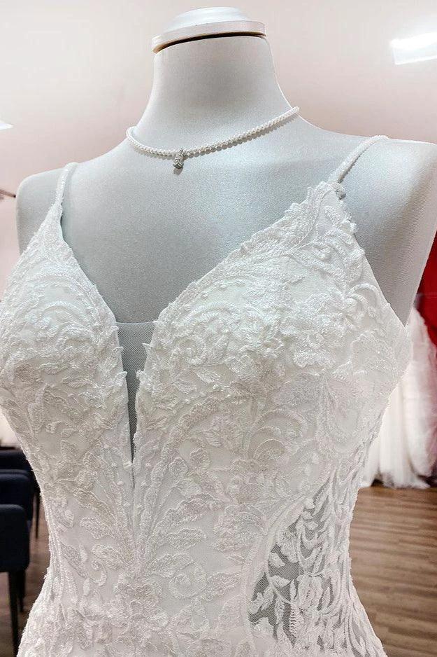 Elegant Long Mermaid Spaghetti Straps Lace Satin Open Back Wedding Dress (ZD15252)
