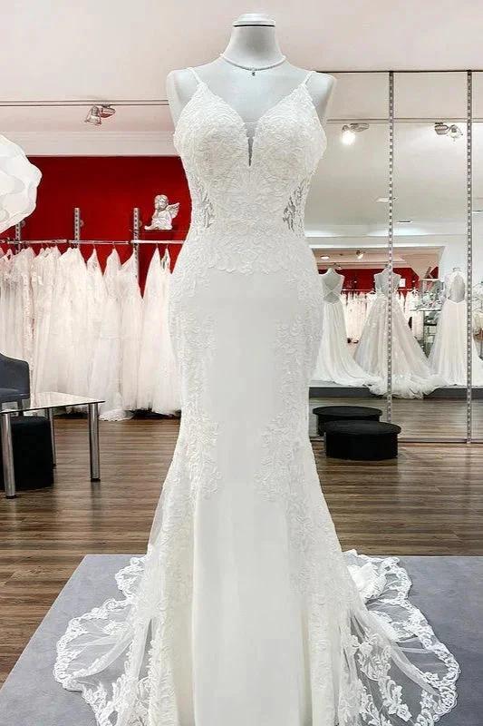 Elegant Long Mermaid Spaghetti Straps Lace Satin Open Back Wedding Dress (ZD15252)
