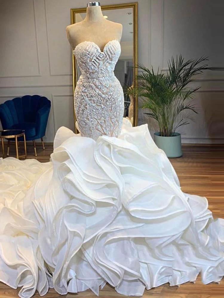 Elegant Long Mermaid Sweetheart Lace Up Crystal Wedding Dresses (ZD15900) - VelvetHem