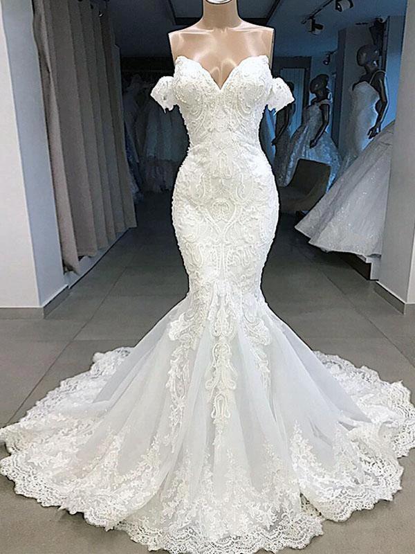 Elegant Long Mermaid Sweetheart Lace Wedding Dresses with Sleeves (ZD15870) - VelvetHem