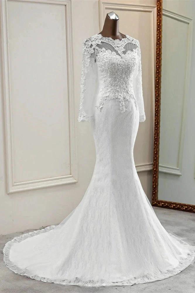 Elegant Long Mermaid Tulle Jewel Wedding Dress with Sleeves (ZD15156)