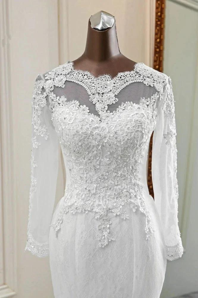 Elegant Long Mermaid Tulle Jewel Wedding Dress with Sleeves (ZD15156)