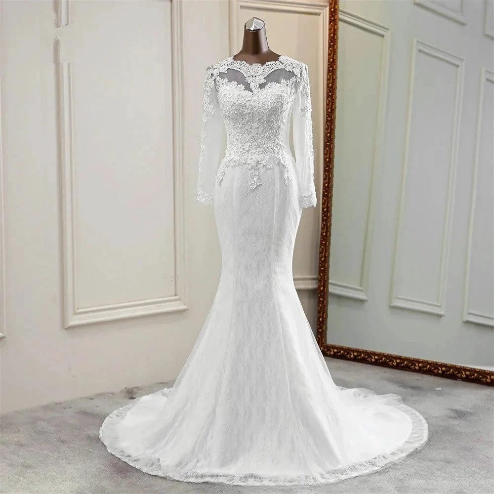 Elegant Long Mermaid Tulle Jewel Wedding Dress with Sleeves (ZD15156)