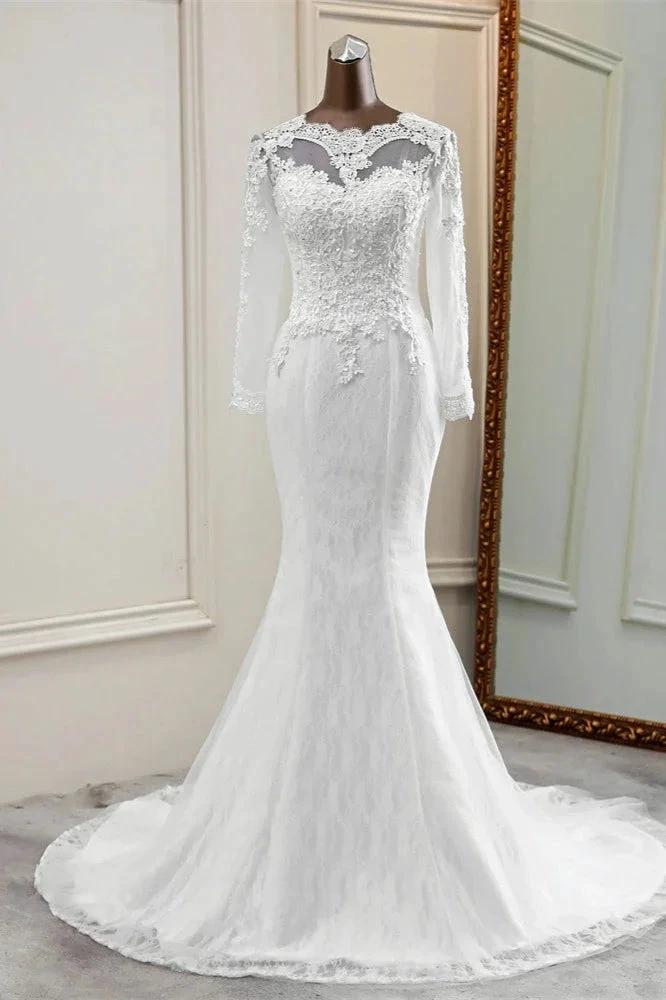 Elegant Long Mermaid Tulle Jewel Wedding Dress with Sleeves (ZD15156) - VelvetHem