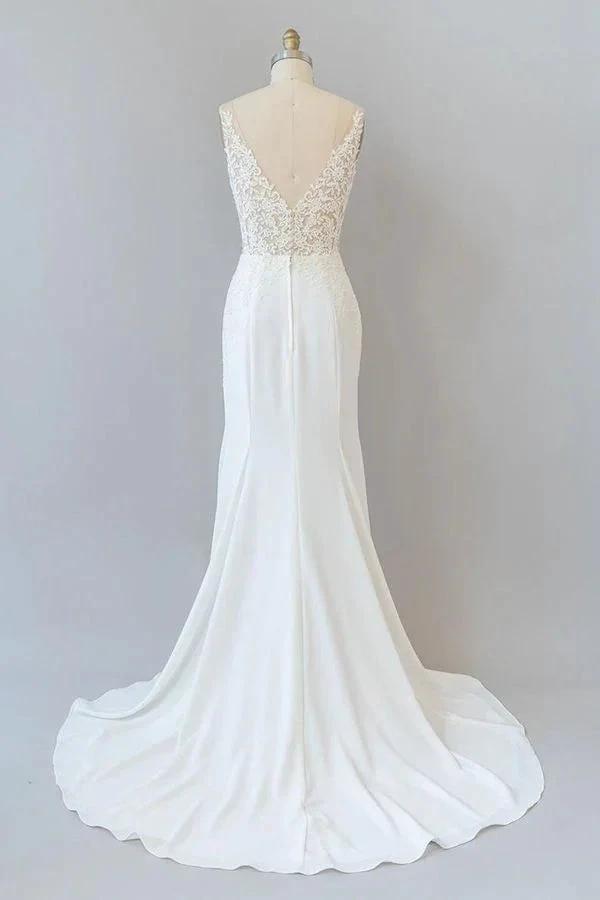 Elegant Long Mermaid V-neck Lace Backless Wedding Dress (ZD14376)