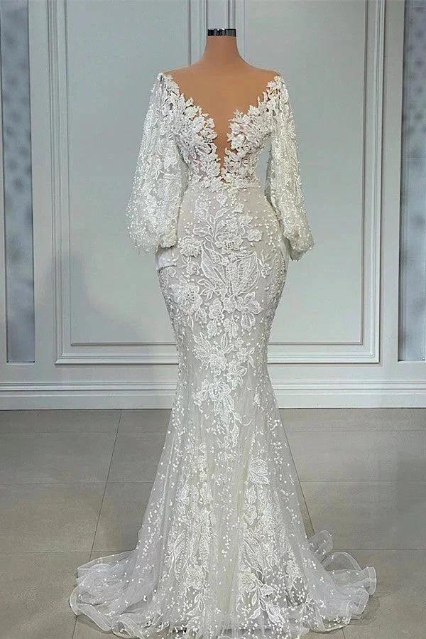 Elegant Long Mermaid V-neck Tulle Lace Wedding Dress with Sleeves (ZD16724) - VelvetHem