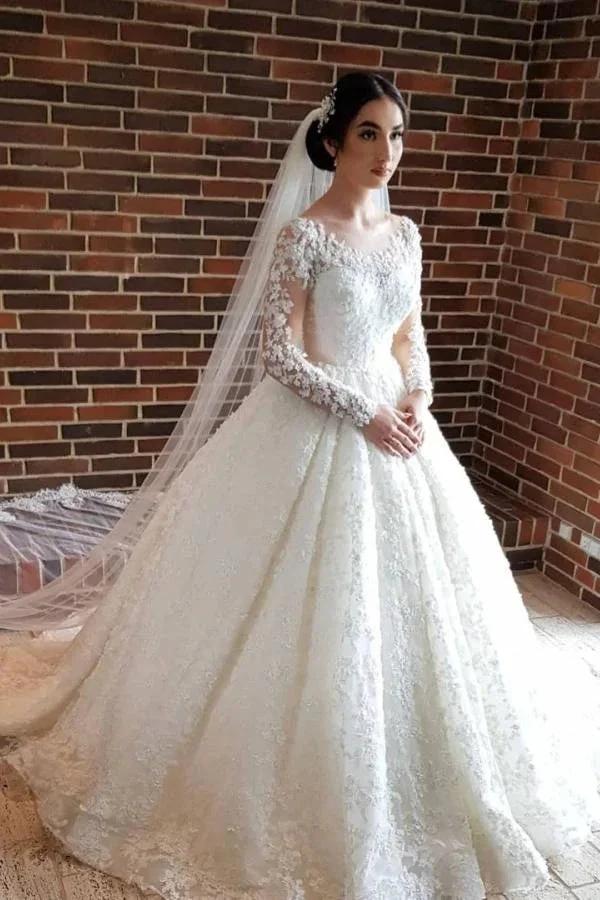Elegant Long Princess Tulle Lace Wedding Dresses with Sleeves (ZD15040)