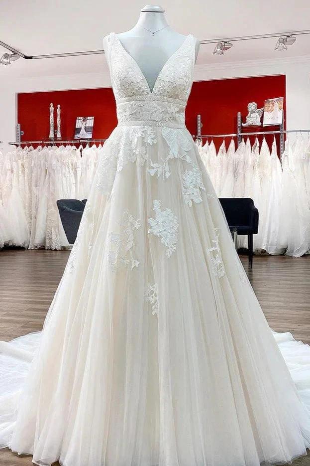 Elegant Long Princess V-neck Tulle Backless Wedding Dress with Lace (ZD15257) - VelvetHem