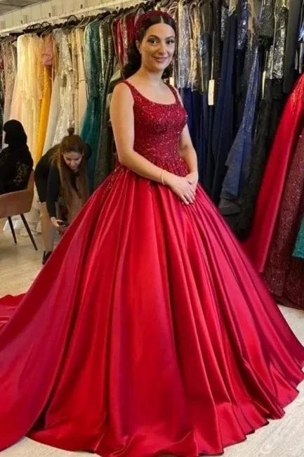 Elegant Long Red A-line Sleeveless Satin Weeding Dress With Lace (ZD14497) - VelvetHem