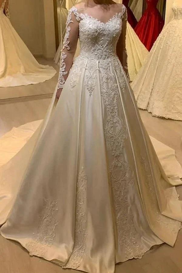 Elegant Long Sleeve A-Line Sweetheart Appliques Lace Pearl Satin Wedding Dress (ZD15129) - VelvetHem