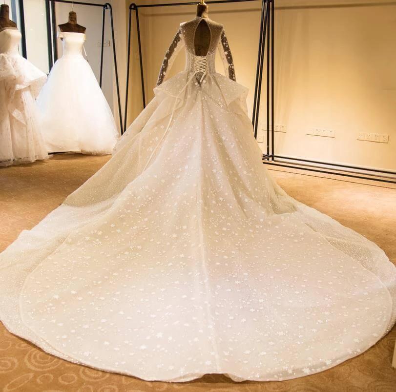Elegant Long Sleeve Beading Lace-up Tulle Ball Gowns Sparkle Wedding Dress (ZD13902)