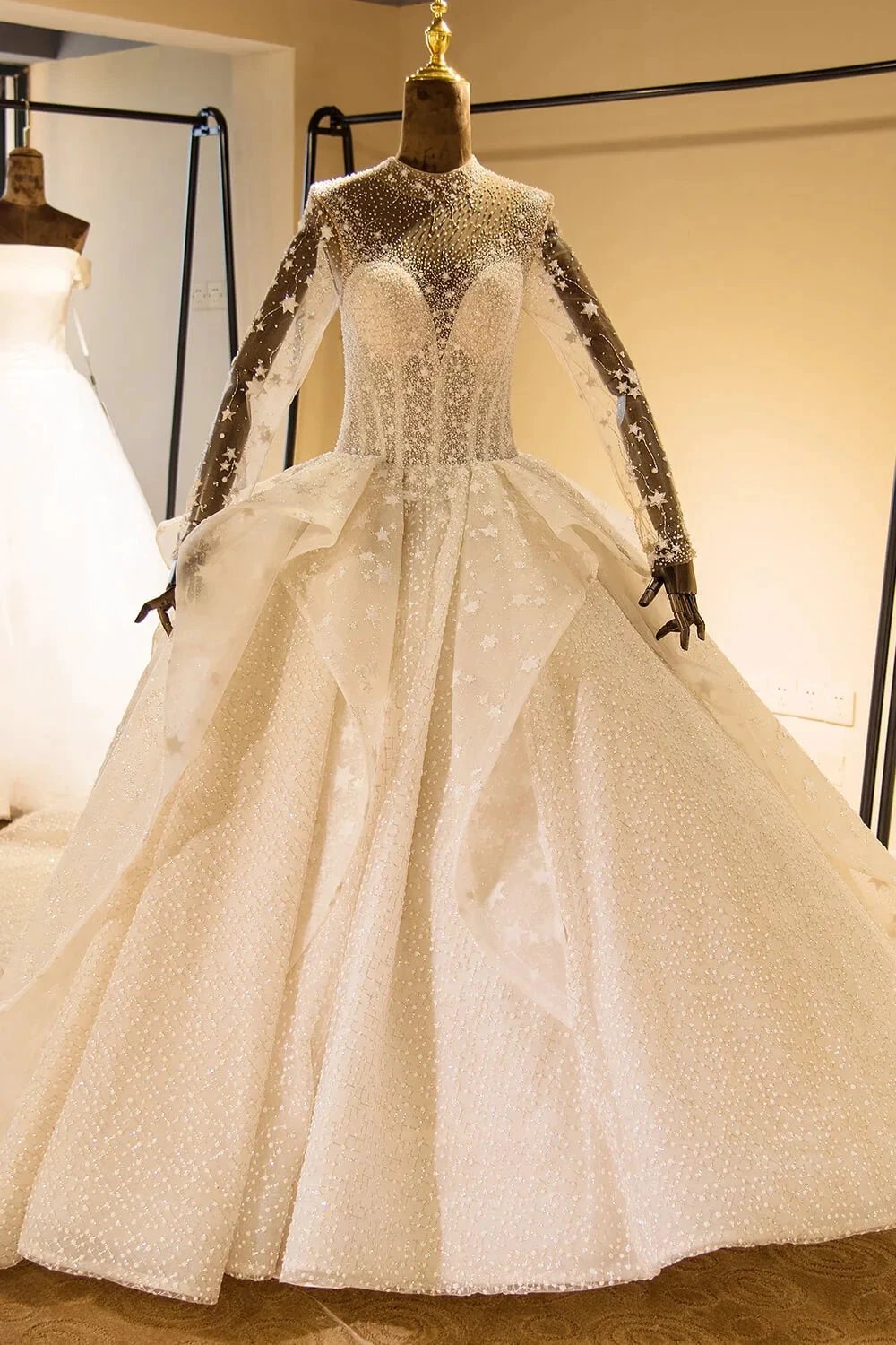 Elegant Long Sleeve Beading Lace-up Tulle Ball Gowns Sparkle Wedding Dress (ZD13902) - VelvetHem