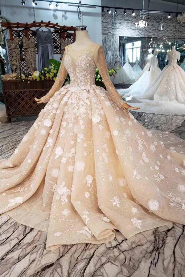 Elegant Long Sleeves Ball Gown Beading Wedding Dress With Flowers (ZD15356) - VelvetHem