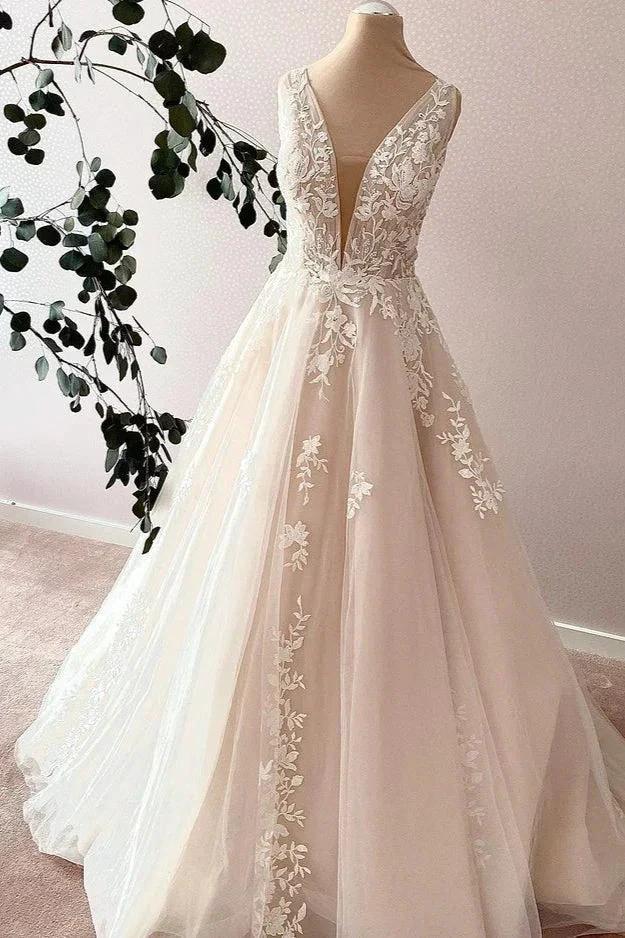 Elegant Long Sweetheart A-Line Tulle Appliques Lace Wedding Dress (ZD15227) - VelvetHem