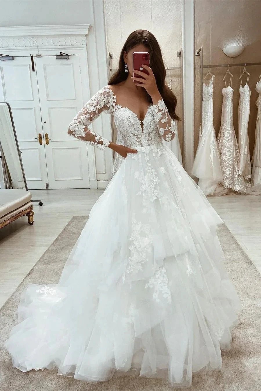 Elegant Long White A-line Appliques Long Sleeves Wedding Dress With Lace (ZD16536) - VelvetHem