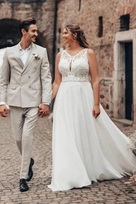 Elegant Long White A-line Lace Chiffon Sleeveless Backless Wedding Dress (ZD16620) - VelvetHem