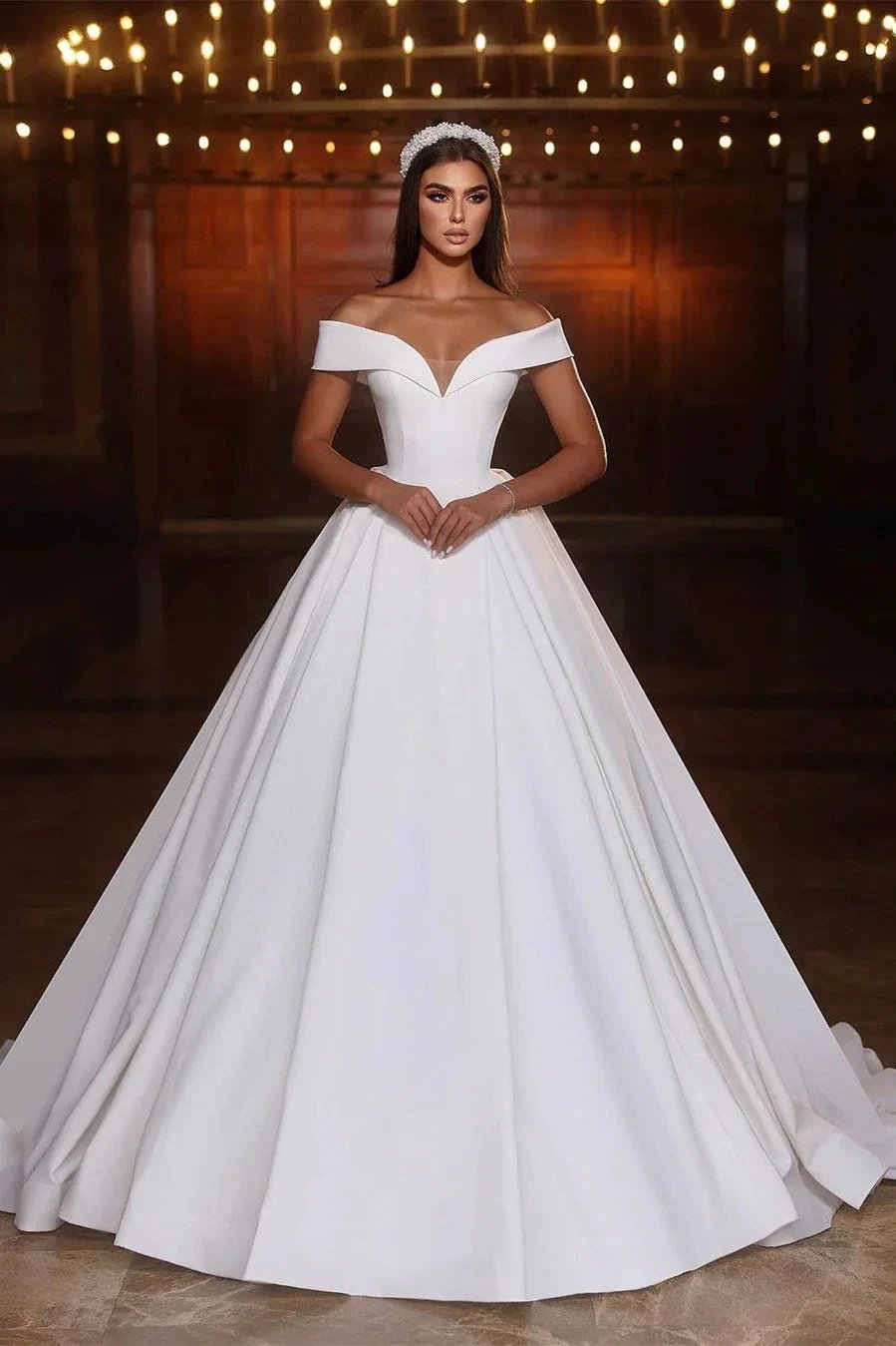Elegant Long White A-line Off-the-shoulder V-neck Satin Wedding Dress (ZD15674) - VelvetHem