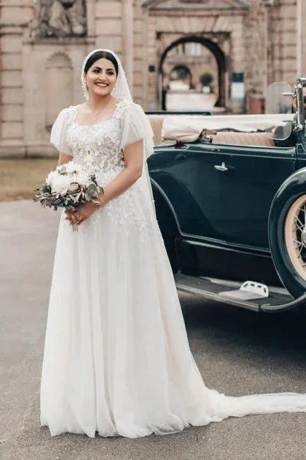 Elegant Long White A-line Square Neck Tulle Lace Wedding Dress with Short Sleeves (ZD16628) - VelvetHem