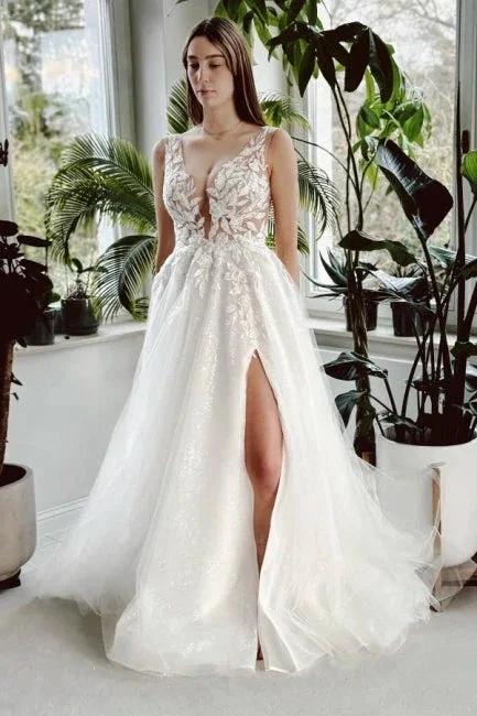 Elegant Long White A-line V-neck Lace Glitter Backless Wedding Dress with Slit (ZD15564) - VelvetHem