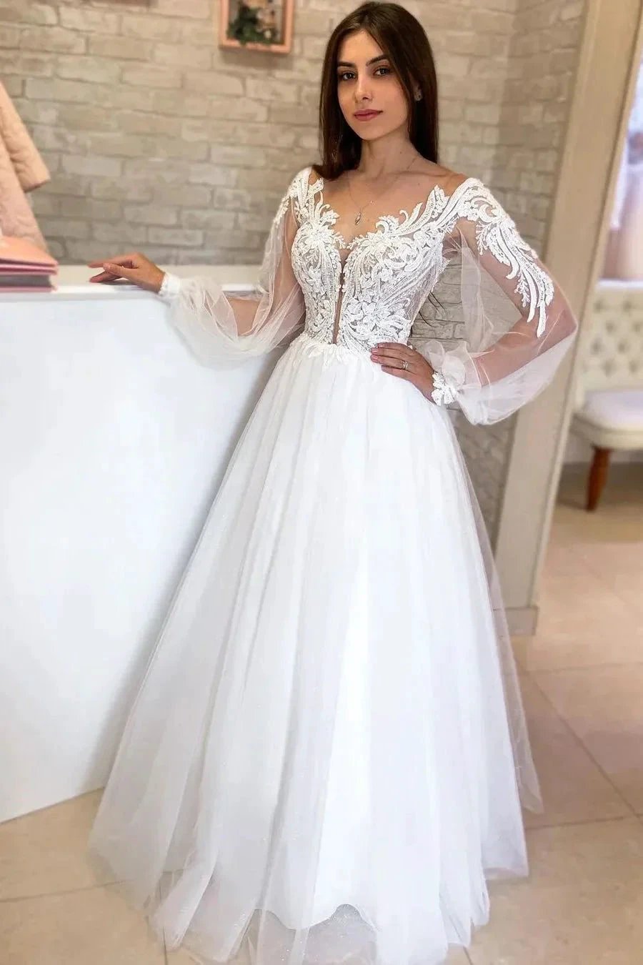 Elegant Long White A-line V-neck Tulle Long Sleeves Wedding Dress With Lace (ZD14811) - VelvetHem