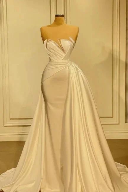 Elegant Long White Glitter Sleeveless Mermaid Wedding Dresses With Lace (ZD14962) - VelvetHem