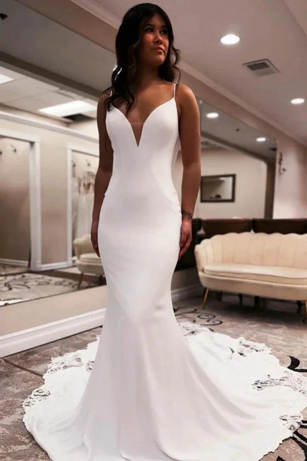 Elegant Long White Mermaid V-neck Spaghetti Straps Backless Wedding Dress with Lace (ZD15508) - VelvetHem