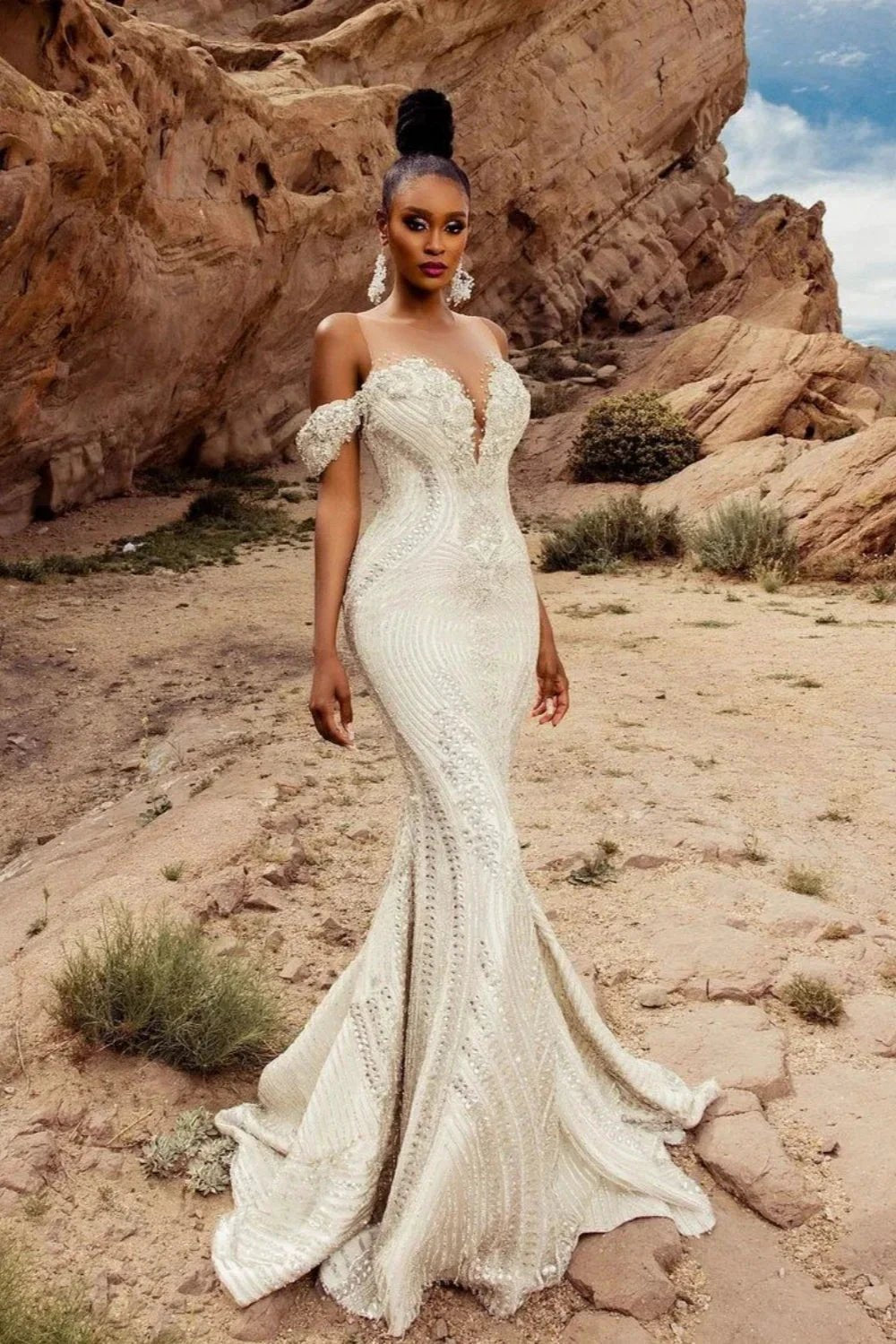 Elegant Mermaid Lace Off-The-Shoulder Sleeveless White Wedding Dresses With Beading (ZD15532) - VelvetHem