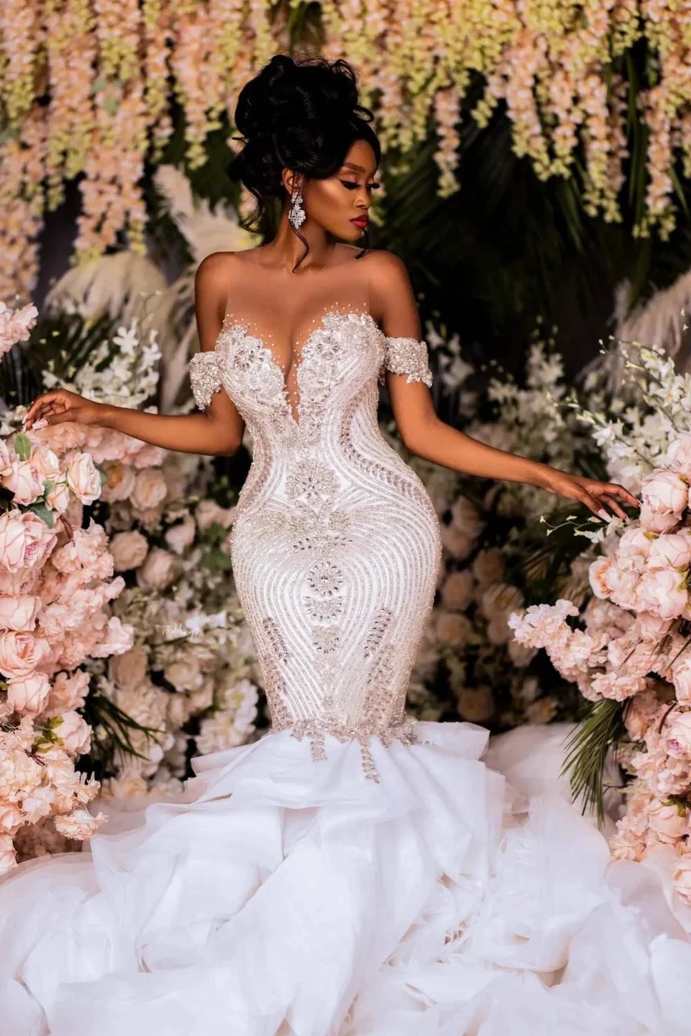 Elegant Mermaid Lace Off-The-Shoulder Sleeveless White Wedding Dresses With Beading (ZD15532)