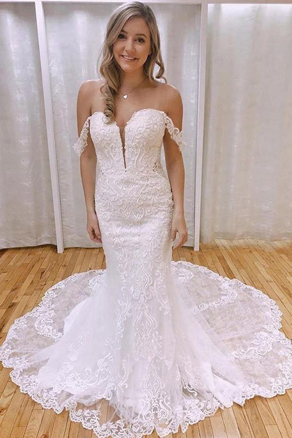 Elegant Mermaid Off the Shoulder Lace Wedding Dresses with Appliques (ZD16268) - VelvetHem