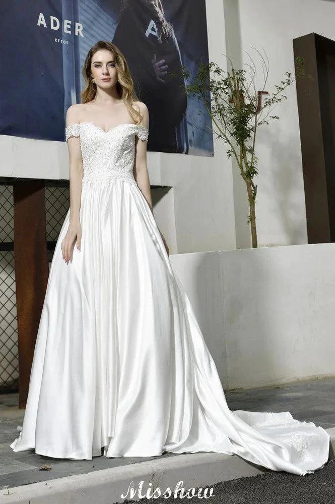 Elegant Off Shoulder Satin Floor Length Bridal Gown Sweetheart Floral Lace Aline Wedding Dress (ZD13962)