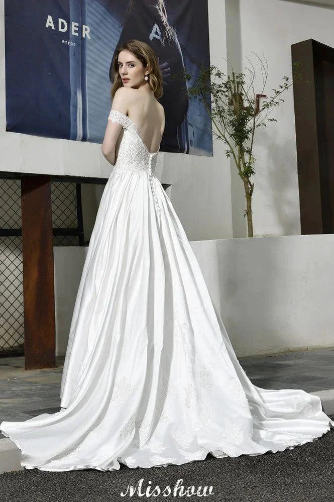 Elegant Off Shoulder Satin Floor Length Bridal Gown Sweetheart Floral Lace Aline Wedding Dress (ZD13962)