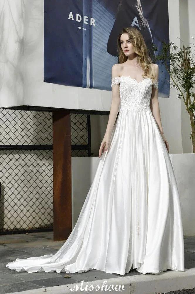 Elegant Off Shoulder Satin Floor Length Bridal Gown Sweetheart Floral Lace Aline Wedding Dress by misshow.com