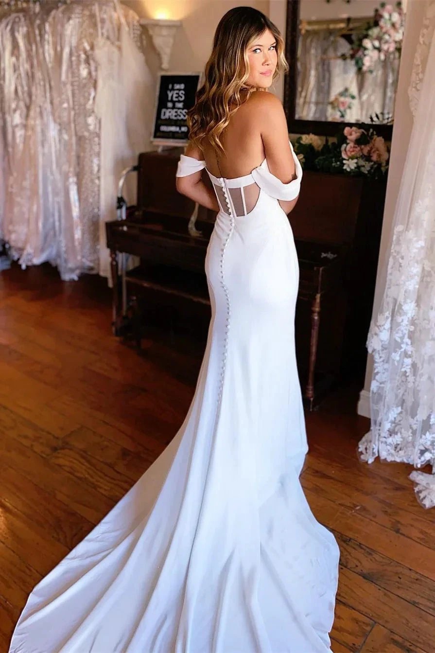Elegant Off-the-shoulder Mermaid Satin Backless Wedding Dress With Train (ZD14585)