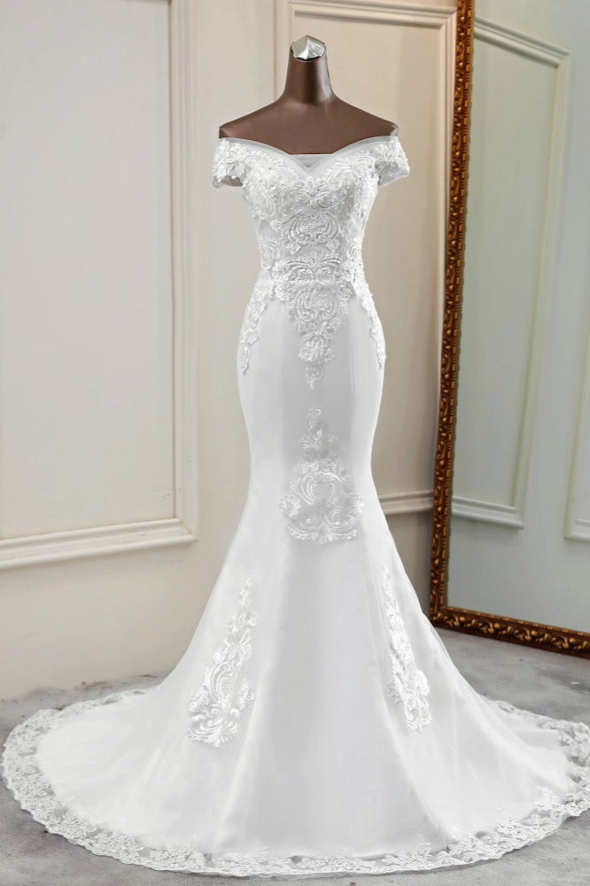 Elegant Off-the-Shoulder Sleeveless White Mermaid Wedding Dresses with Beadings (ZD17424) - VelvetHem