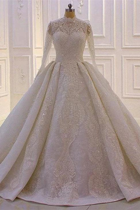 Elegant Princess A-line High Neck Lace Sequined Wedding Dress With Long Sleeves (ZD14542)