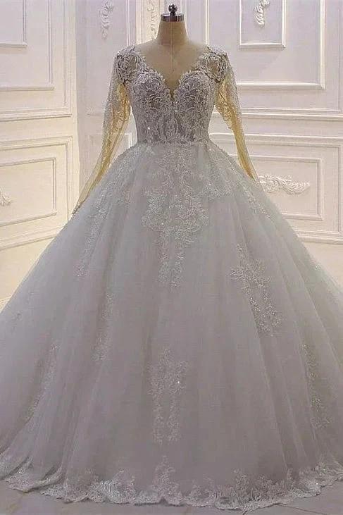 Elegant Princess A-line Tulle V-neck Lace Wedding Dress With Long Sleeves (ZD14538) - VelvetHem